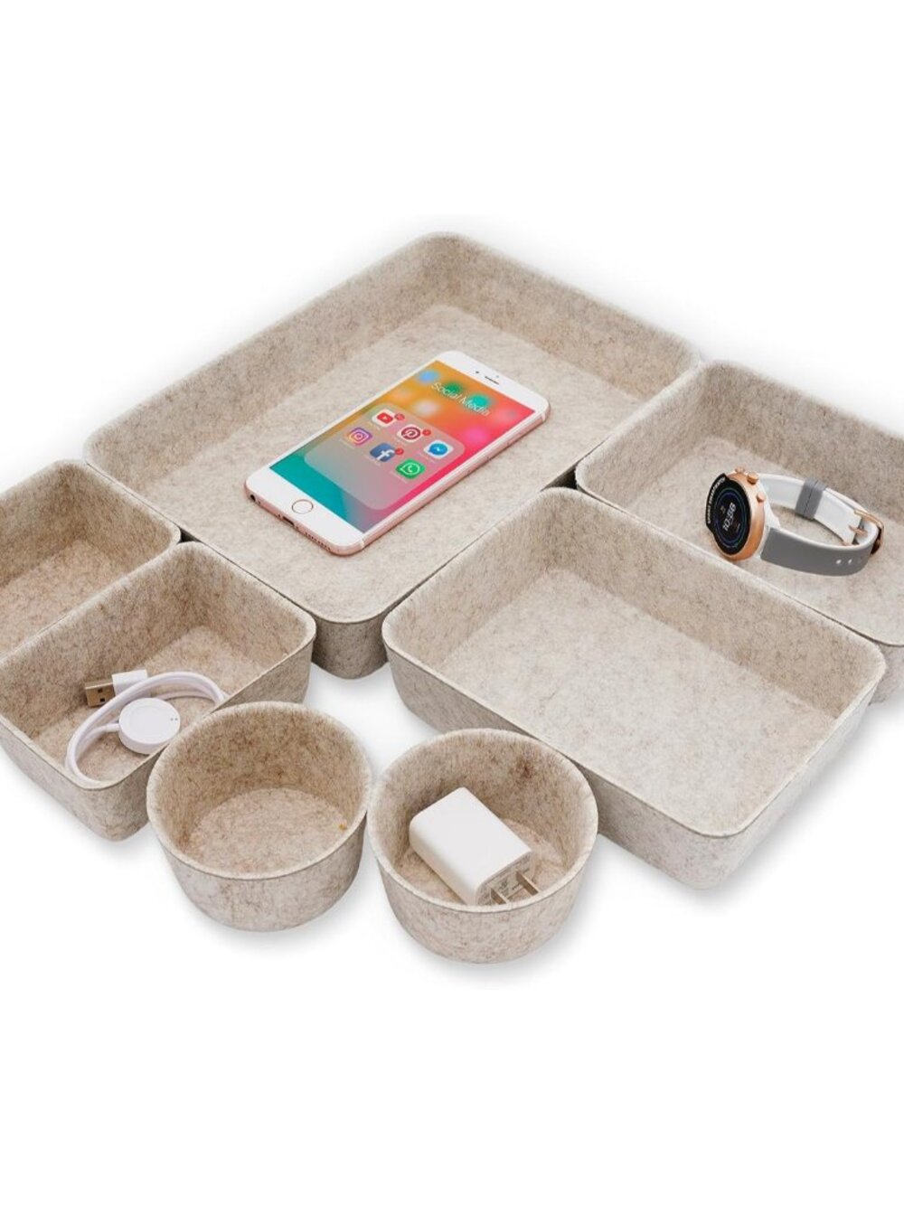 7pc Scandinavian Felt Desk Drawer Organizer Oatmeal Catchall Tray
